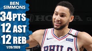 Ben Simmons has career game vs Nets with 34point tripledouble  201920 NBA Highlights [upl. by Atnod805]