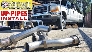 2001 F350 73  RiffRaff UpPipes Install  Stock up pipes leaking and falling apart JUNK SP [upl. by Elleda850]