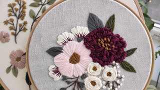 Pink and Burgundy peonies Hand embroidery for beginners [upl. by Beckie337]